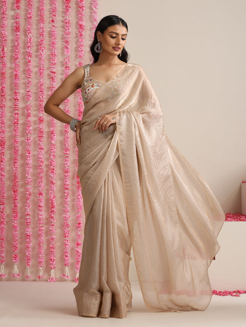 Champagne Dual Shade Metallic Satin Saree with Pendants and Self Blouse Fabric