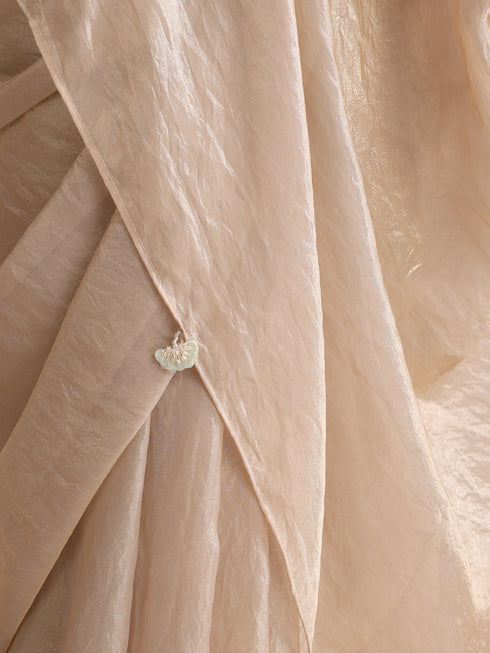 Champagne Dual Shade Metallic Satin Saree with Pendants and Self Blouse Fabric