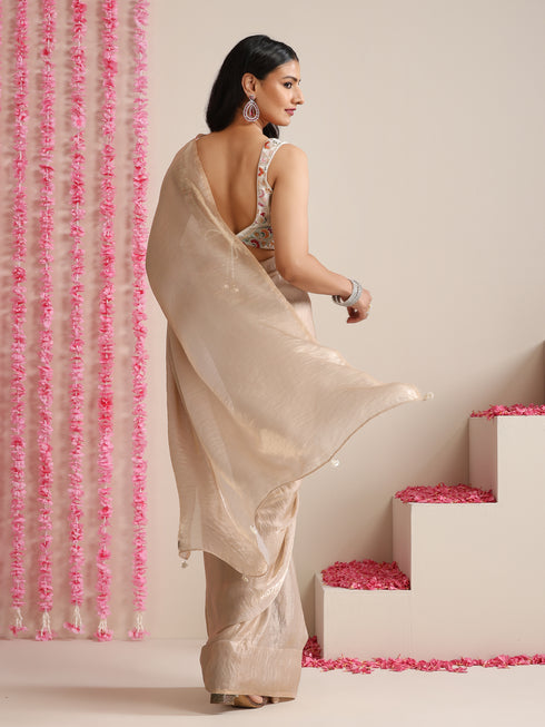 Champagne Dual Shade Metallic Satin Saree with Pendants and Self Blouse Fabric