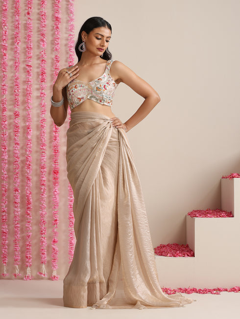 Cream Multicolor Embroidered Sweetheart Blouse – Silk Blend | Festive Wear