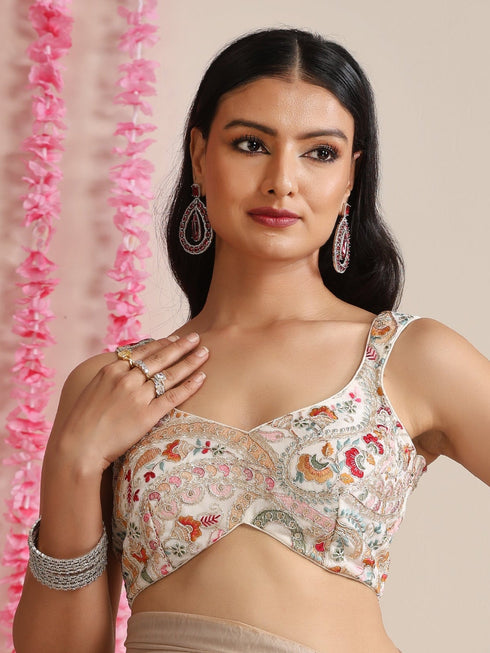 Cream Multicolor Embroidered Sweetheart Blouse – Silk Blend | Festive Wear