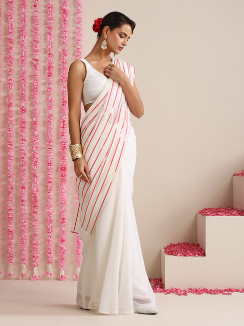 White and Dual Neon Green Pink Impression Georgette Saree with Blouse Fabric