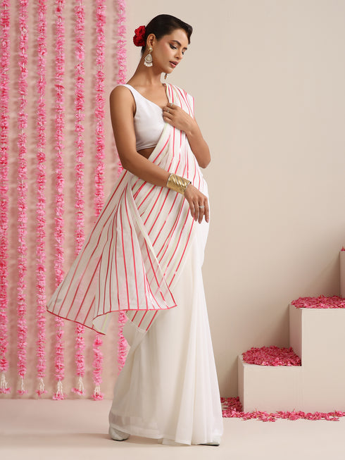 White and Dual Neon Green Pink Impression Georgette Saree with Blouse Fabric