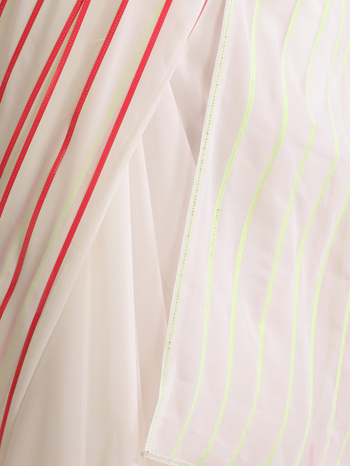 White and Dual Neon Green Pink Impression Georgette Saree with Blouse Fabric