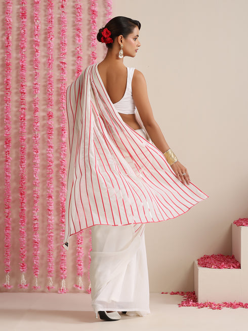 White and Dual Neon Green Pink Impression Georgette Saree with Blouse Fabric