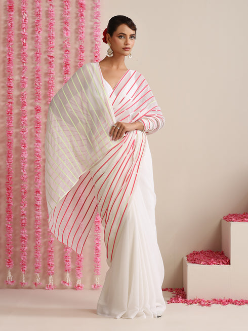 White and Dual Neon Green Pink Impression Georgette Saree with Blouse Fabric
