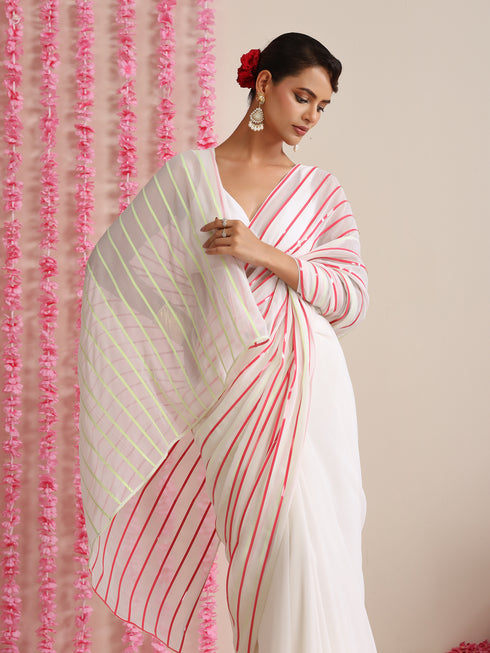 White and Dual Neon Green Pink Impression Georgette Saree with Blouse Fabric