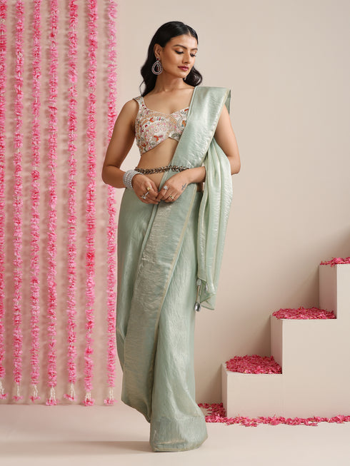 Light Blue Dual Shade Metallic Satin Saree with Pendants and Self Blouse fabric