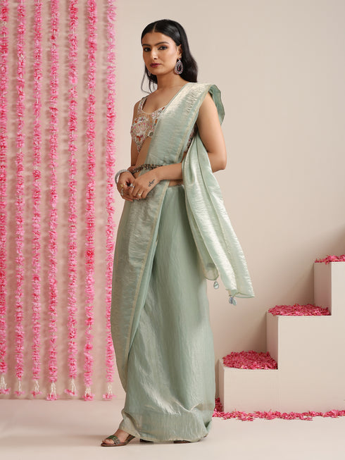 Light Blue Dual Shade Metallic Satin Saree with Pendants and Self Blouse fabric