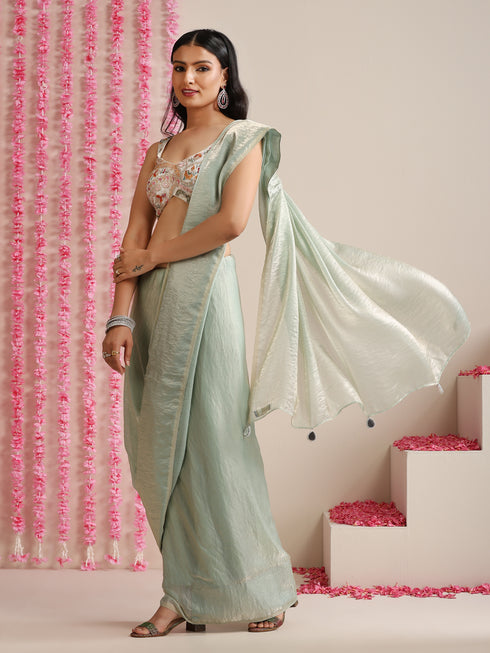 Light Blue Dual Shade Metallic Satin Saree with Pendants and Self Blouse fabric