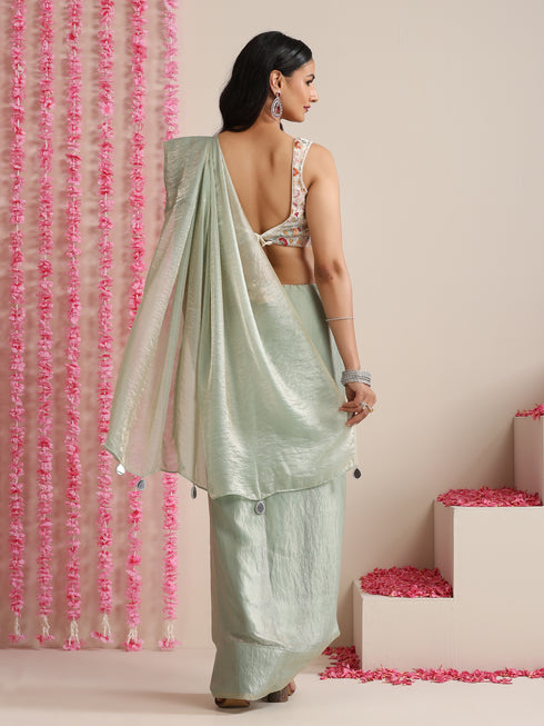 Light Blue Dual Shade Metallic Satin Saree with Pendants and Self Blouse fabric