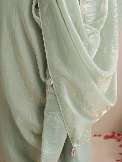 Light Blue Dual Shade Metallic Satin Saree with Pendants and Self Blouse fabric