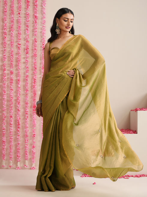 Olive Metallic Chiffon Saree with Kundan Work