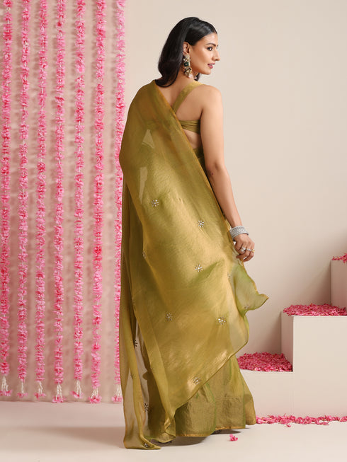 Olive Metallic Chiffon Saree with Kundan Work