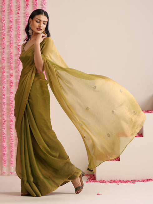 Olive Metallic Chiffon Saree with Kundan Work