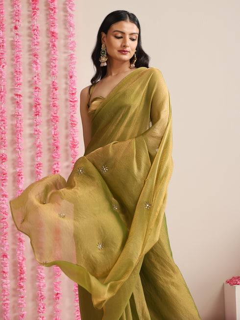Olive Metallic Chiffon Saree with Kundan Work