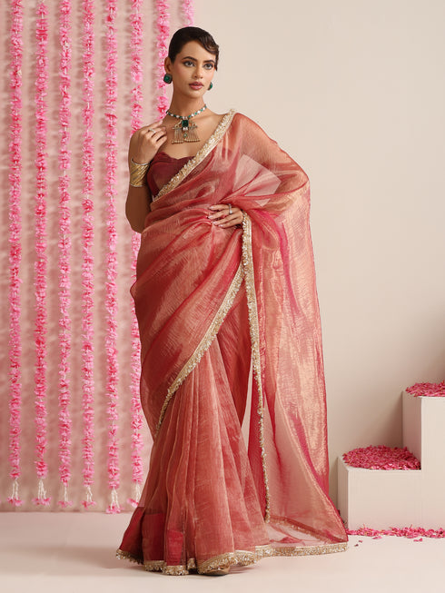 Red Magic Saree – Metallic Chiffon with Lace Edge & Matching Blouse Fabric
