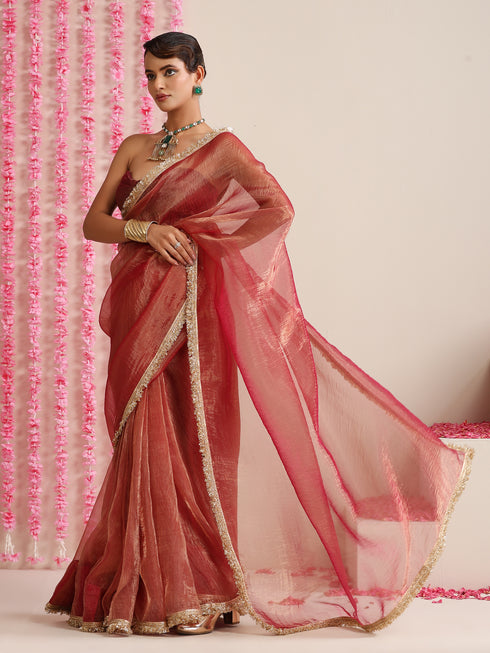 Red Magic Saree – Metallic Chiffon with Lace Edge & Matching Blouse Fabric