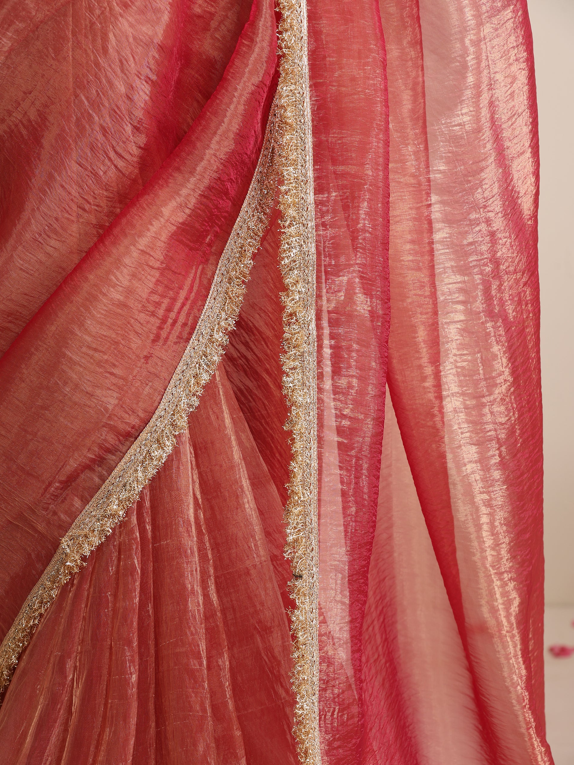 Red Magic Saree – Metallic Chiffon with Lace Edge & Matching Blouse Fabric