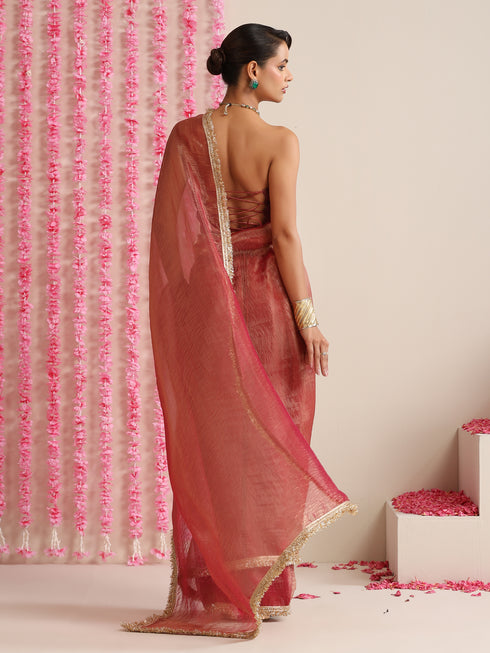 Red Magic Saree – Metallic Chiffon with Lace Edge & Matching Blouse Fabric