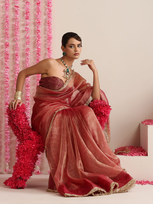 Red Magic Saree – Metallic Chiffon with Lace Edge & Matching Blouse Fabric