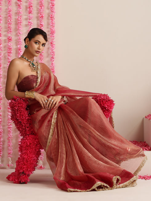 Red Magic Saree – Metallic Chiffon with Lace Edge & Matching Blouse Fabric