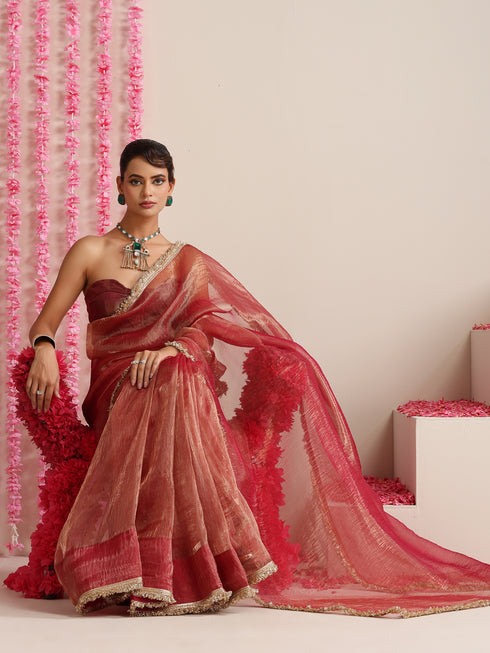 Red Magic Saree – Metallic Chiffon with Lace Edge & Matching Blouse Fabric
