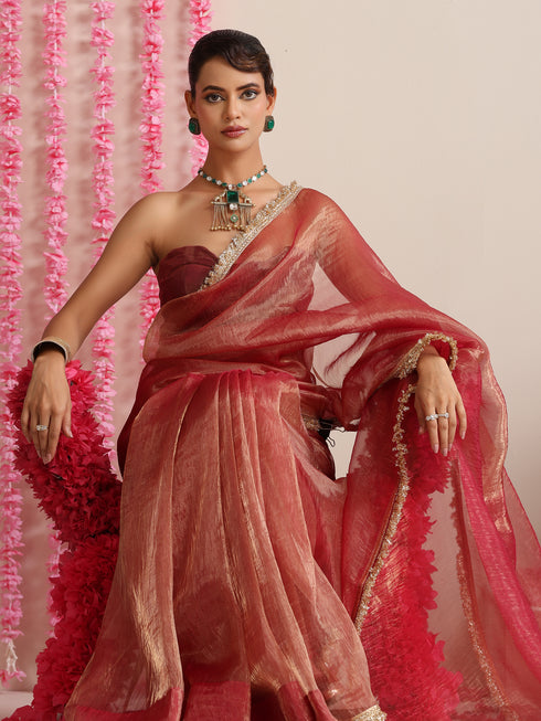 Red Magic Saree – Metallic Chiffon with Lace Edge & Matching Blouse Fabric