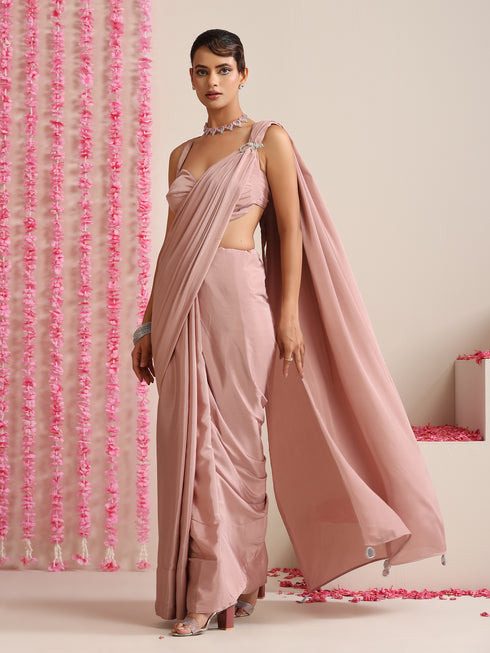 Politely Pink Crepe Saree with Mirror Pendants