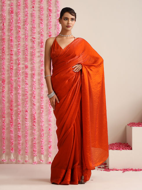 Burning Desire Saree – Dual-Shade Metallic Satin with Pendants & Blouse Fabric