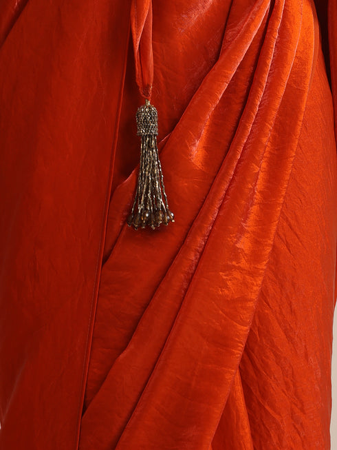 Burning Desire Saree – Dual-Shade Metallic Satin with Pendants & Blouse Fabric