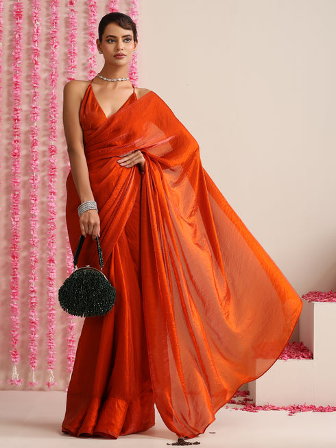 Burning Desire Saree – Dual-Shade Metallic Satin with Pendants & Blouse Fabric