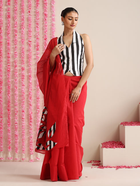 Red Cotton Chanderi Saree with Embroidery and Stripe Blouse Fabric