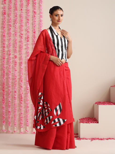 Red Cotton Chanderi Saree with Embroidery and Stripe Blouse Fabric