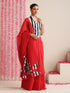 Red Cotton Chanderi Saree with Embroidery and Stripe Blouse Fabric