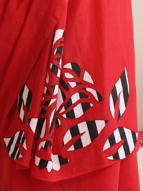 Red Cotton Chanderi Saree with Embroidery and Stripe Blouse Fabric
