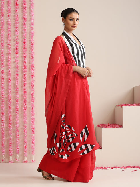Red Cotton Chanderi Saree with Embroidery and Stripe Blouse Fabric