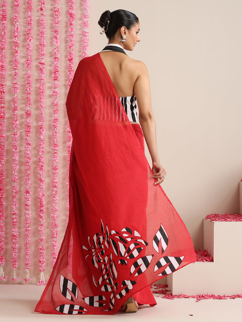 Red Cotton Chanderi Saree with Embroidery and Stripe Blouse Fabric