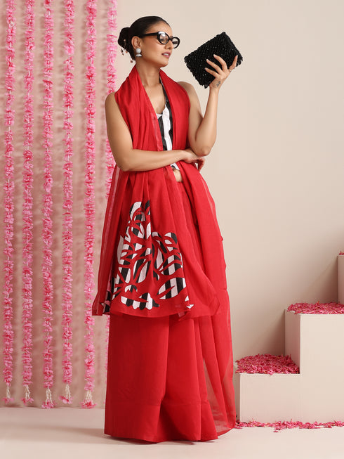 Red Cotton Chanderi Saree with Embroidery and Stripe Blouse Fabric