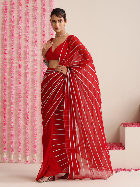 Red & Silver Impression Georgette Saree with Blouse Fabric