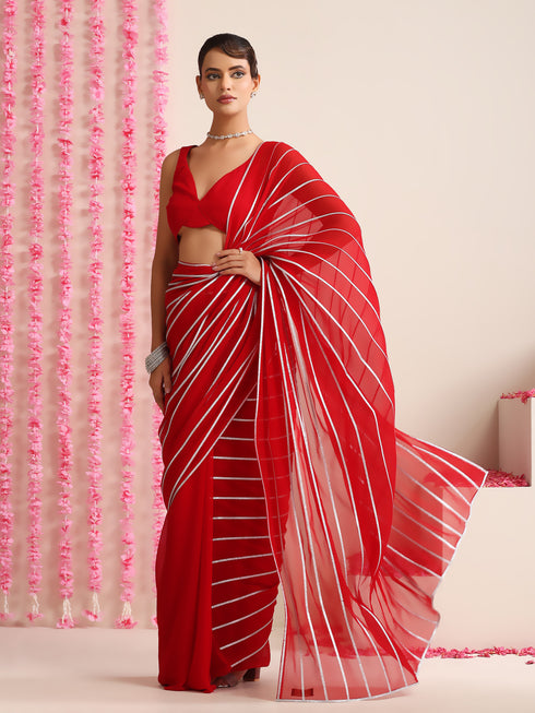 Red & Silver Impression Georgette Saree with Blouse Fabric