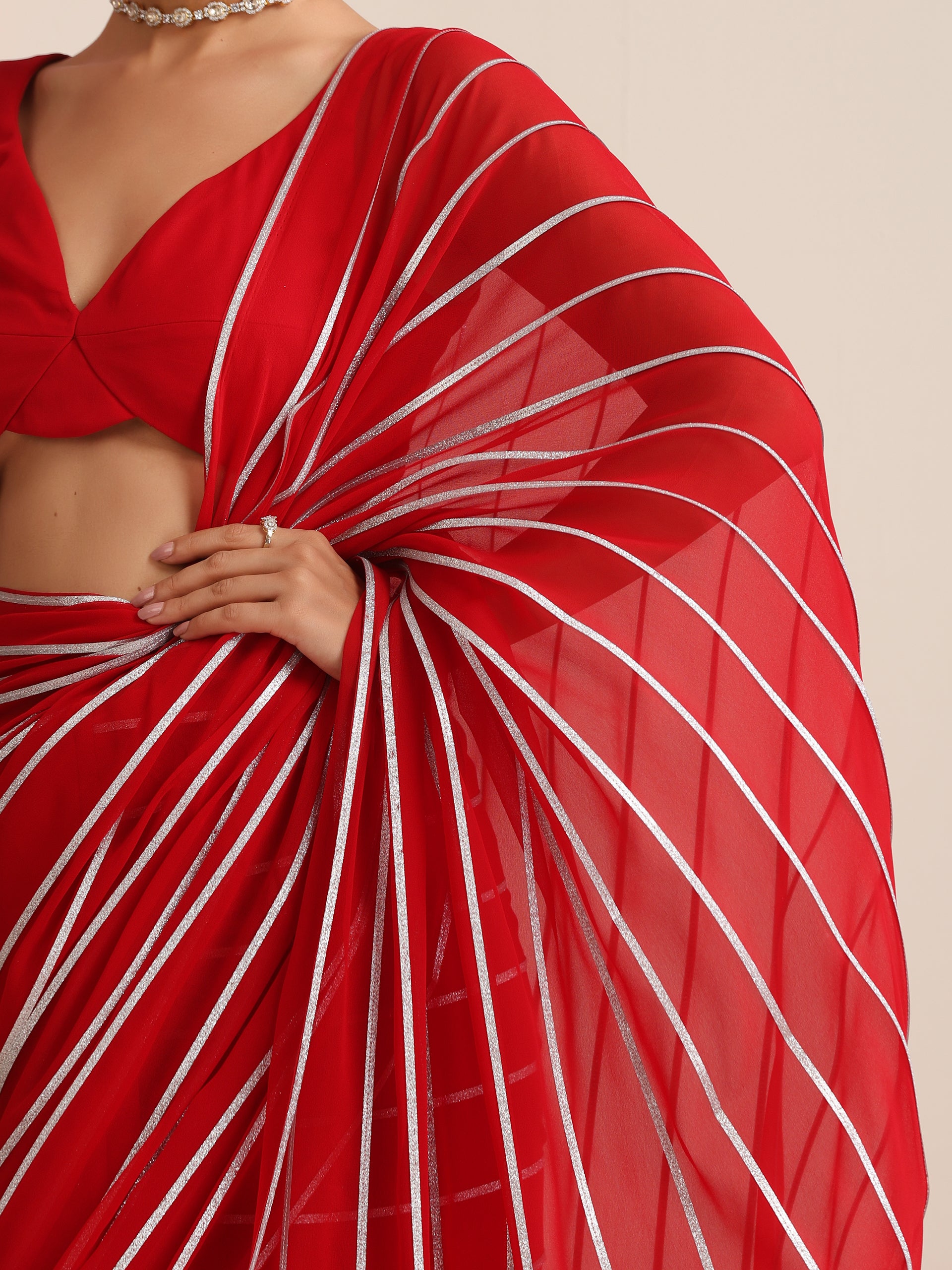 Red & Silver Impression Georgette Saree with Blouse Fabric