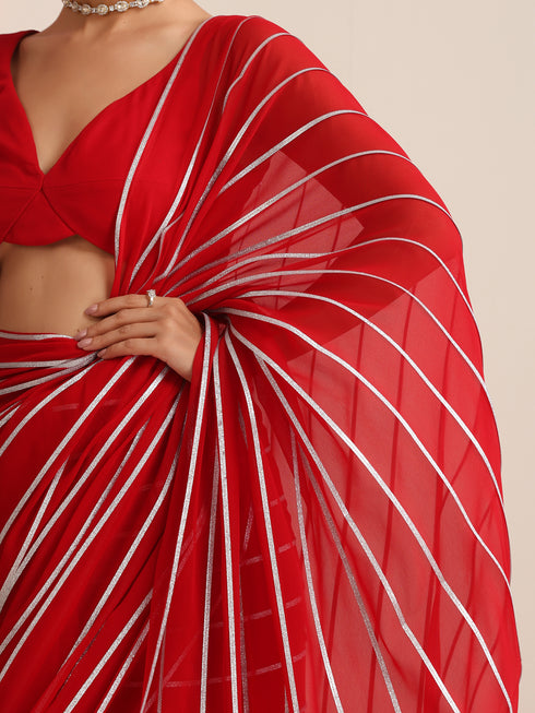 Red & Silver Impression Georgette Saree with Blouse Fabric