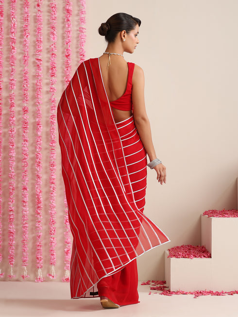 Red & Silver Impression Georgette Saree with Blouse Fabric