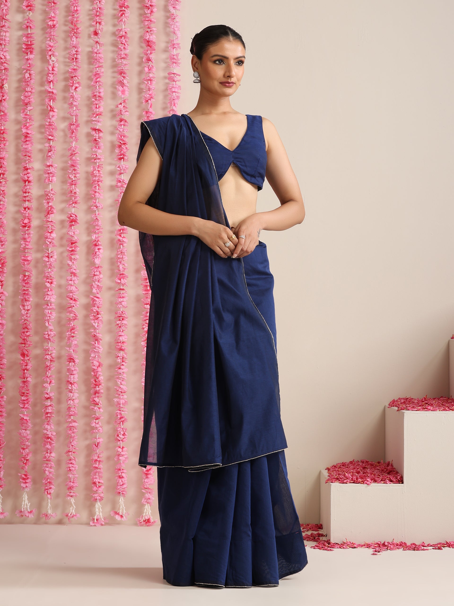 Deep Blue Cotton Chanderi Saree with Swarovski Style Border