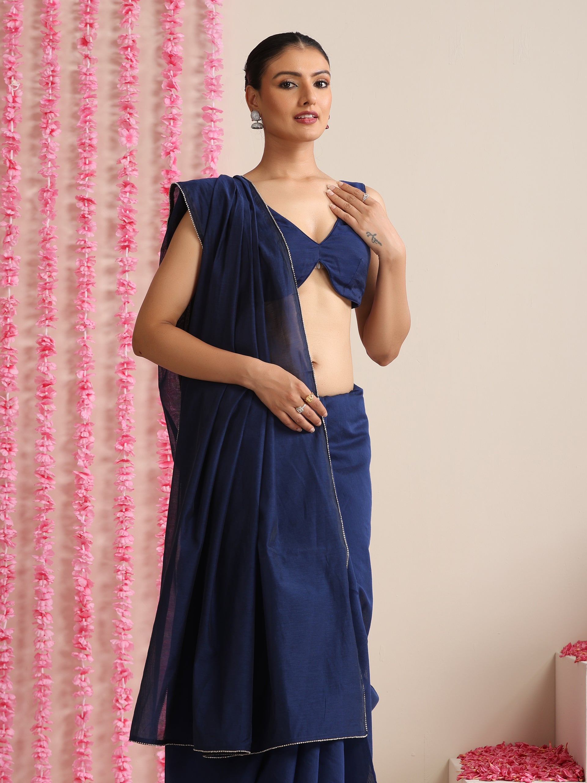 Deep Blue Cotton Chanderi Saree with Swarovski Style Border