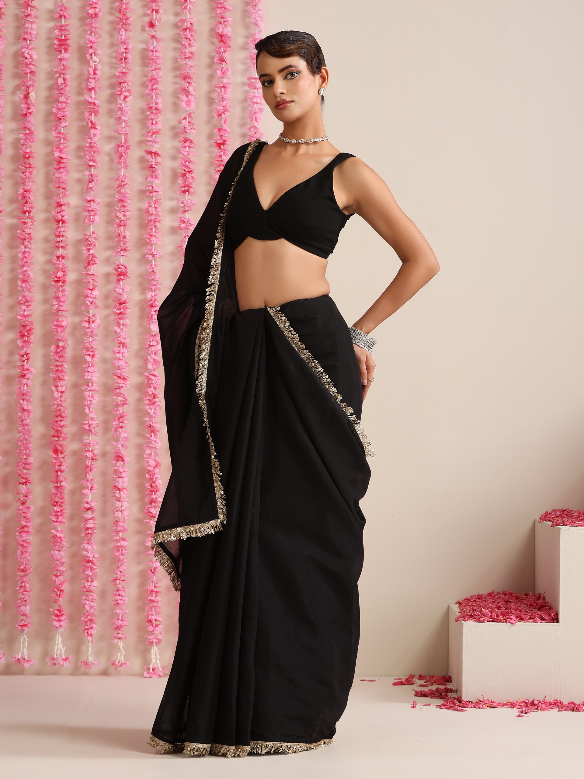 Black Cotton Chanderi Saree with Gold Border and Self Blouse Fabric