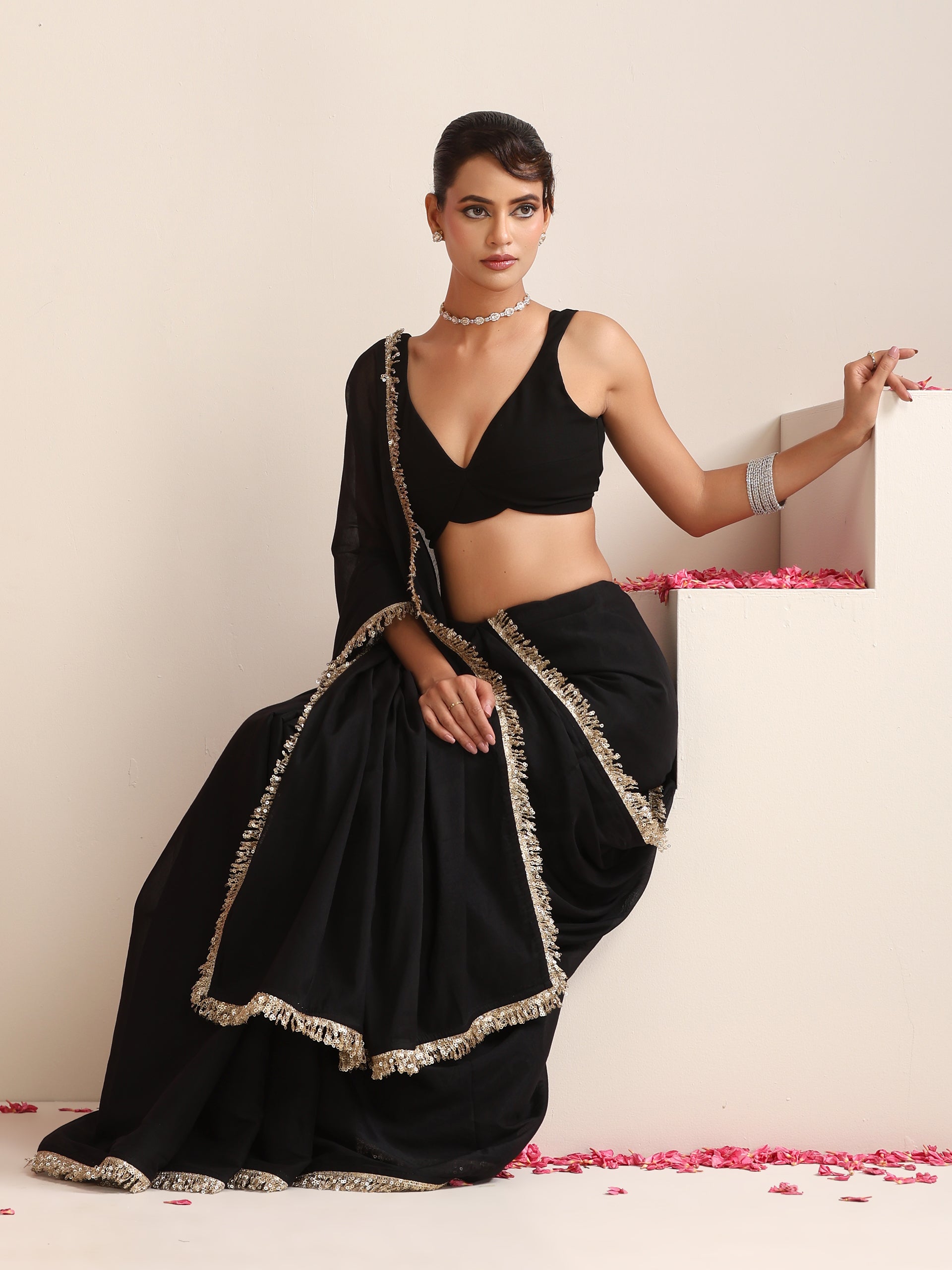 Black Cotton Chanderi Saree with Gold Border and Self Blouse Fabric