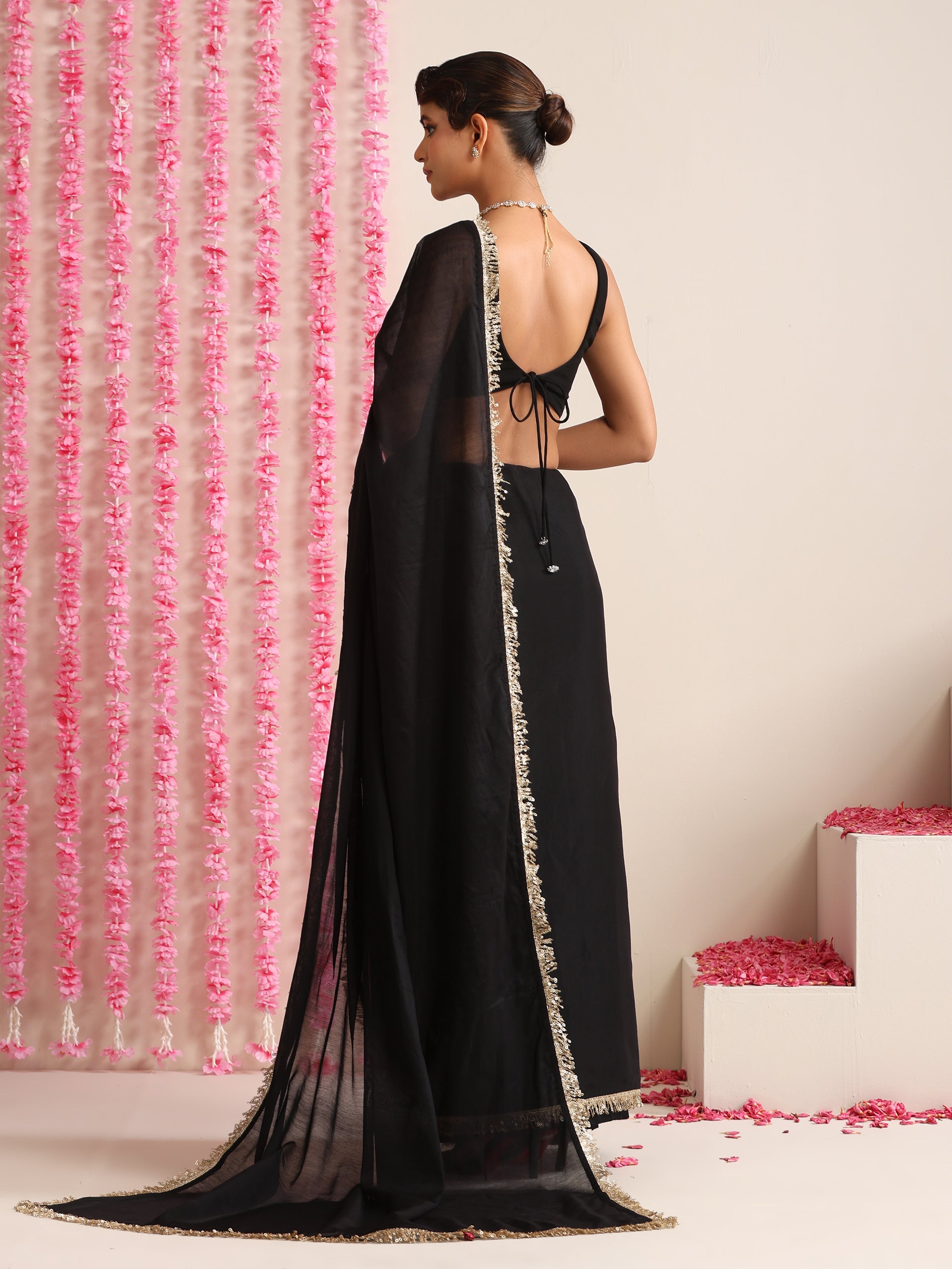 Black Cotton Chanderi Saree with Gold Border and Self Blouse Fabric