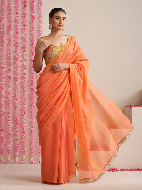 Pink-Orange Dual Shade Cotton Chanderi Saree with Gold Pallu